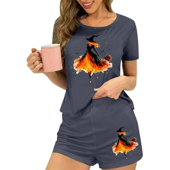 Womens Halloween Basic Pajamas Short Sleeve 2 Piece Print V Neck Womens Pajama Sets Soft Breathable Sleepwear