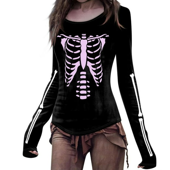Womens Halloween Blouses Skull Graphic Printed Crew Neck Long Sleeve T Shirts Casual Top Y2K 2025 Basic Tee Beach