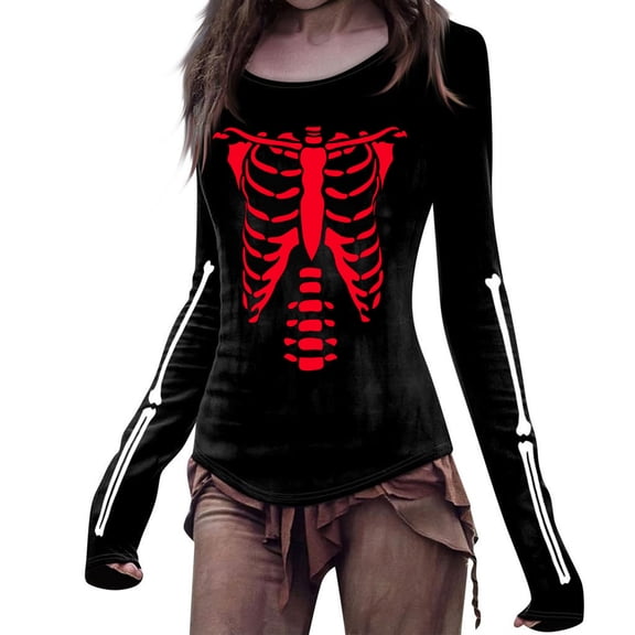 Womens Halloween Blouses Skull Graphic Printed Crew Neck Long Sleeve T Shirts Casual Top Y2K 2025 Basic Tee Beach