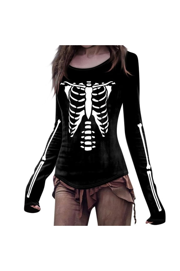 Womens Halloween Blouses Skull Graphic Printed Crew Neck Long Sleeve T Shirts Casual Top Y2K 2025 Basic Tee Beach