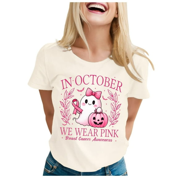 Womens Halloween Cancer T Shirts Cute Pink Ribbon Ghost Graphic Crewneck Tops Summer Short Sleeve Casual Tees Beige L