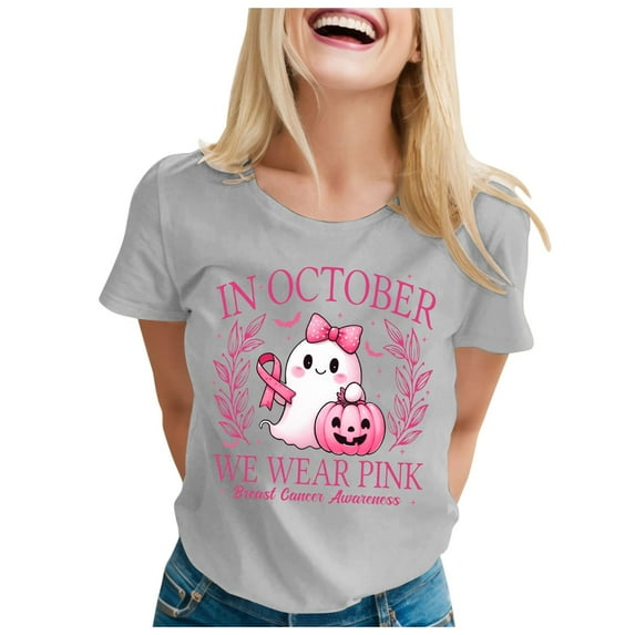 Womens Halloween Cancer T Shirts Cute Pink Ribbon Ghost Graphic Crewneck Tops Summer Short Sleeve Casual Tees Grey L