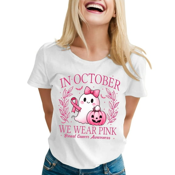Womens Halloween Cancer T Shirts Cute Pink Ribbon Ghost Graphic Crewneck Tops Summer Short Sleeve Casual Tees White XXL
