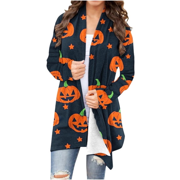 Womens Halloween Cardigan Casual Lightweight Long Sleeve Open Front Cardigans with Funny Print Fall Winter Holiday Party Outerwear