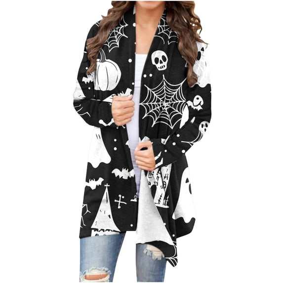 Womens Halloween Cardigan Casual Lightweight Long Sleeve Open Front Cardigans with Funny Print Fall Winter Holiday Party Outerwear