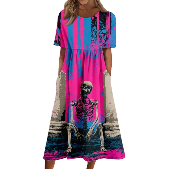 Womens Halloween Casual Midi Dress with Pockets Short Sleeve Round Neck Loose A-Line Flattering Sundress for Date Night Cocktail Party Evening Out Purple Pink 2XL