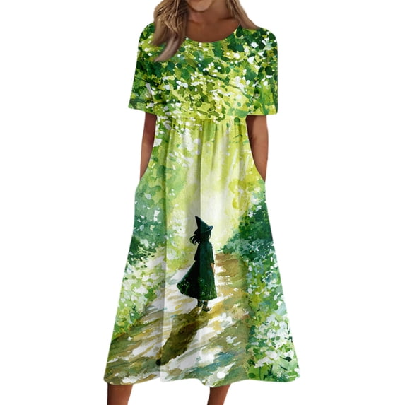 Womens Halloween Casual Midi Swing Dress with Pockets Short Sleeve Round Neck Loose Fit Trendy Fall Outfits for Wedding Guest Garden Party 2026 Green L
