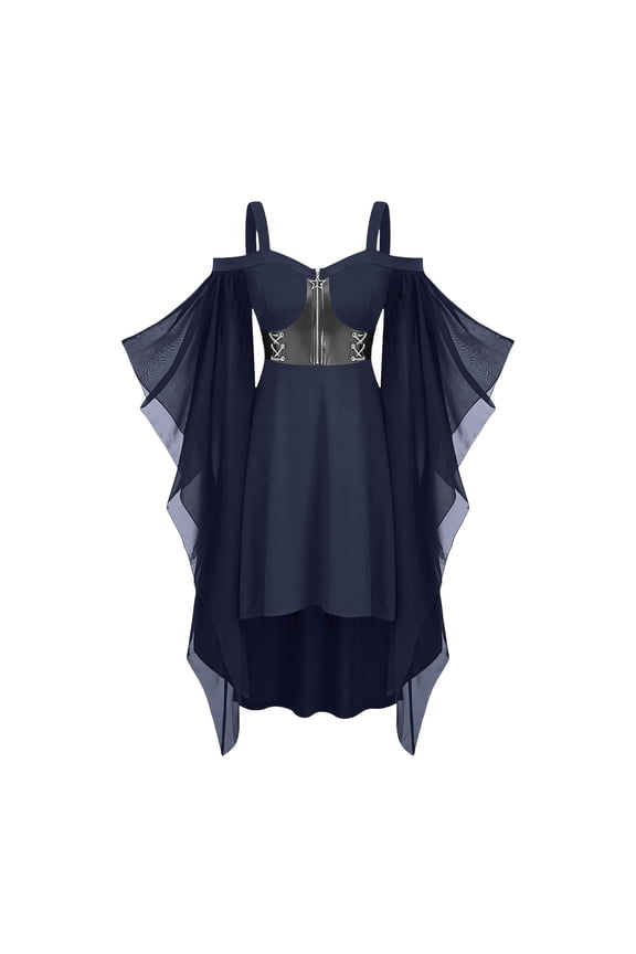 Womens Halloween Costume Dress Cold Shoulder Zip Up Butterfly Sleeves High Low Dresses Solid Color Party Goth Dress