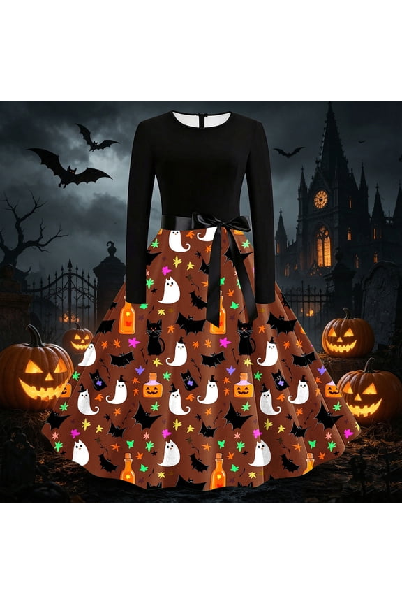 Womens Halloween Costume Dress Evil Pumpkin Face Graphics High Waist Round Neck Long Sleeve Festival Dress 2026 Brown 1 S