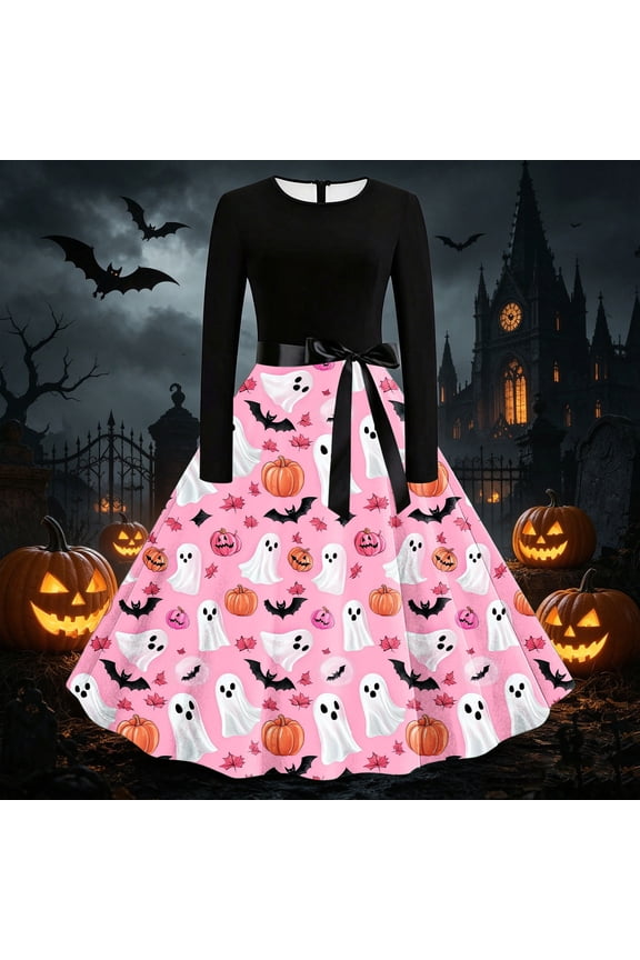 Womens Halloween Costume Dress Evil Pumpkin Face Graphics High Waist Round Neck Long Sleeve Festival Dress 2026 Pink 4 L