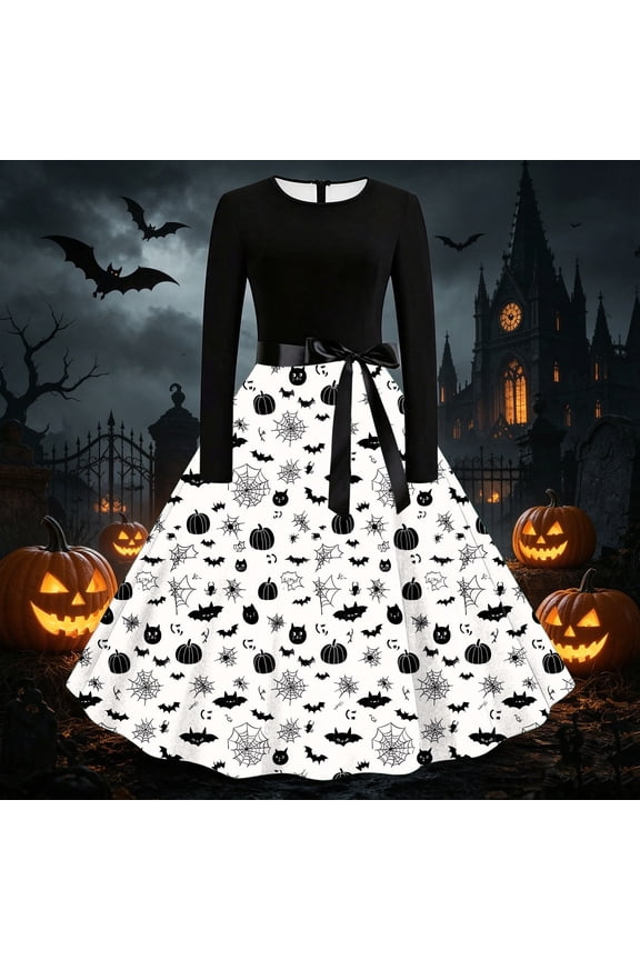 Womens Halloween Costume Dress Evil Pumpkin Face Graphics High Waist Round Neck Long Sleeve Festival Dress 2026 White 5 M