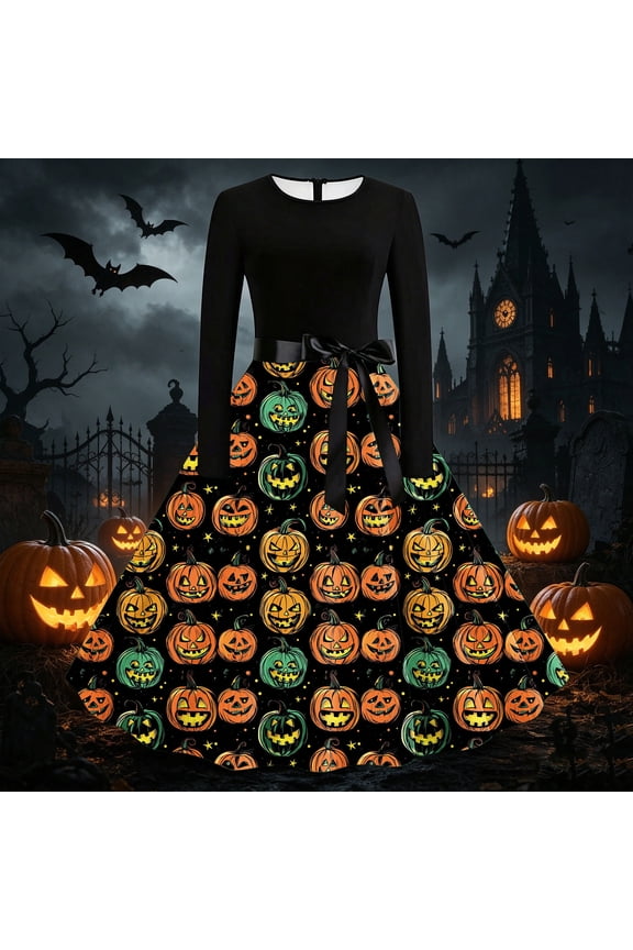Womens Halloween Costume Dress Evil Pumpkin Face Graphics High Waist Round Neck Long Sleeve Festival Dress 2026 Yellow 2 S