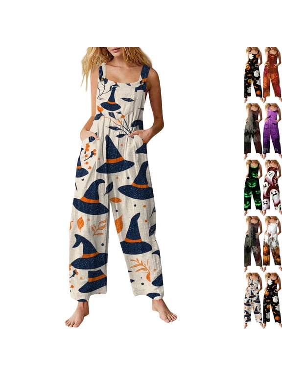 Womens Halloween Costume Ghost Print Jumpsuit Sleeveless One Piece Romper Wide Leg Pants Adjustable Strap Cute Funny Party Outfit,#01 Multicolor,S