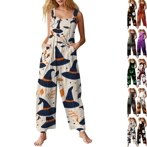 Womens Halloween Costume Ghost Print Jumpsuit Sleeveless One Piece Romper Wide Leg Pants Adjustable Strap Cute Funny Party Outfit,#01 Multicolor,S