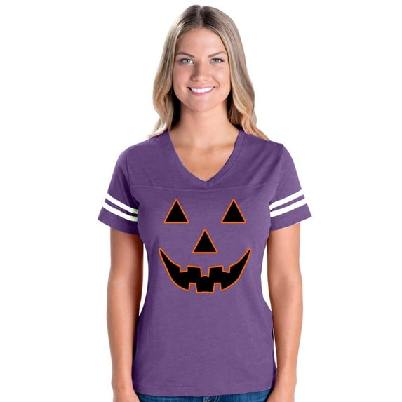 Womens Halloween Costume Pumpkin Face Football V-Neck T-Shirt