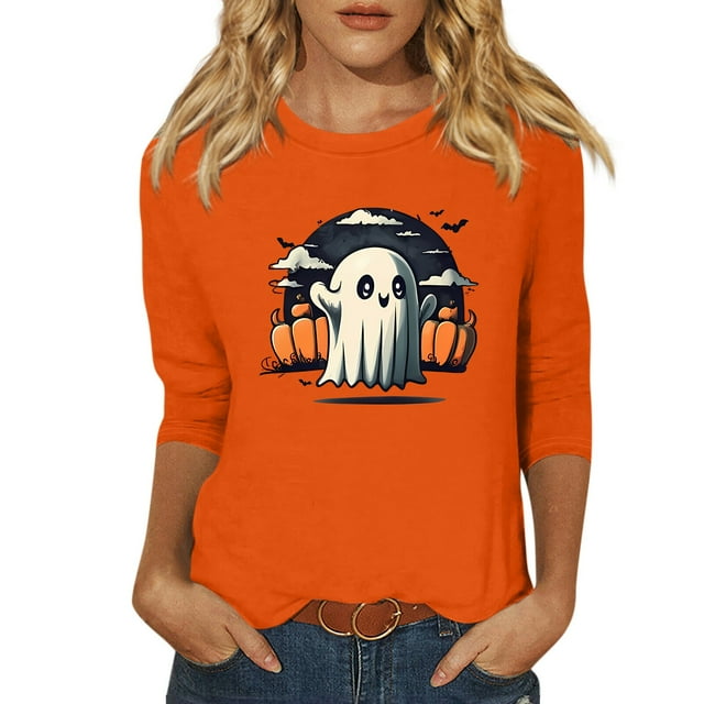 Womens Halloween Costumes 2024 Cute Ghost Graphic Tshirts 3/4 Length