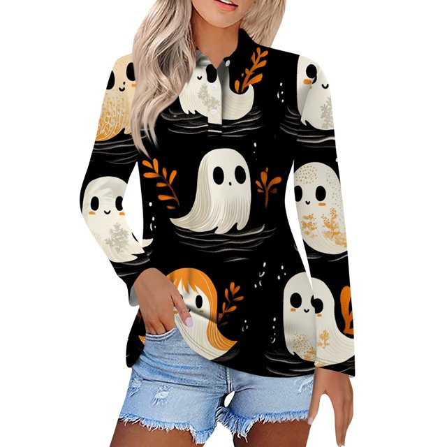 Womens Halloween Costumes 2024 Plus Size Polo Shirts Pumpkin Bats Print