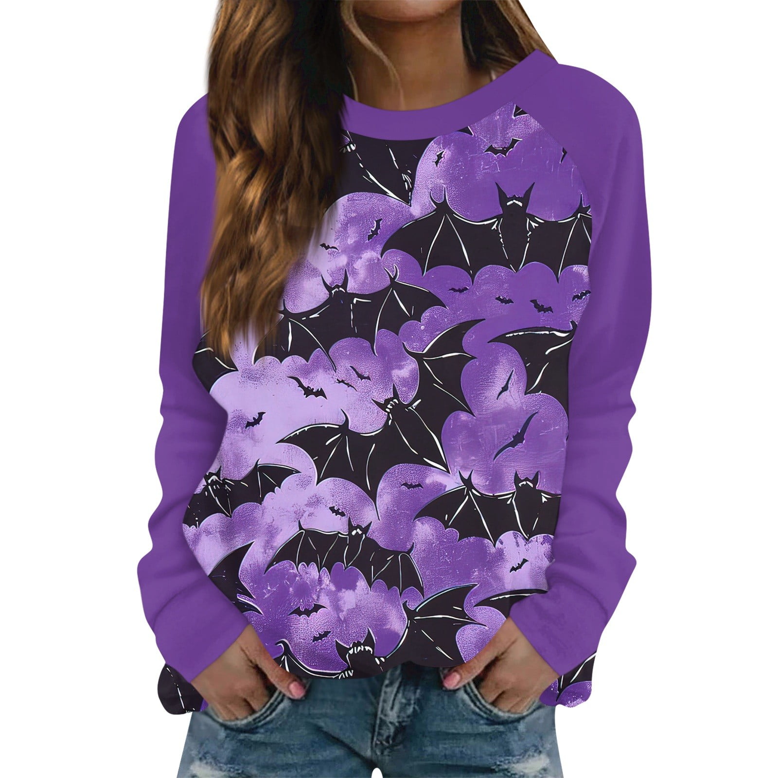 Womens Halloween Costumes 2024 Pumpkin Bats Pattern Pullover Tops Long