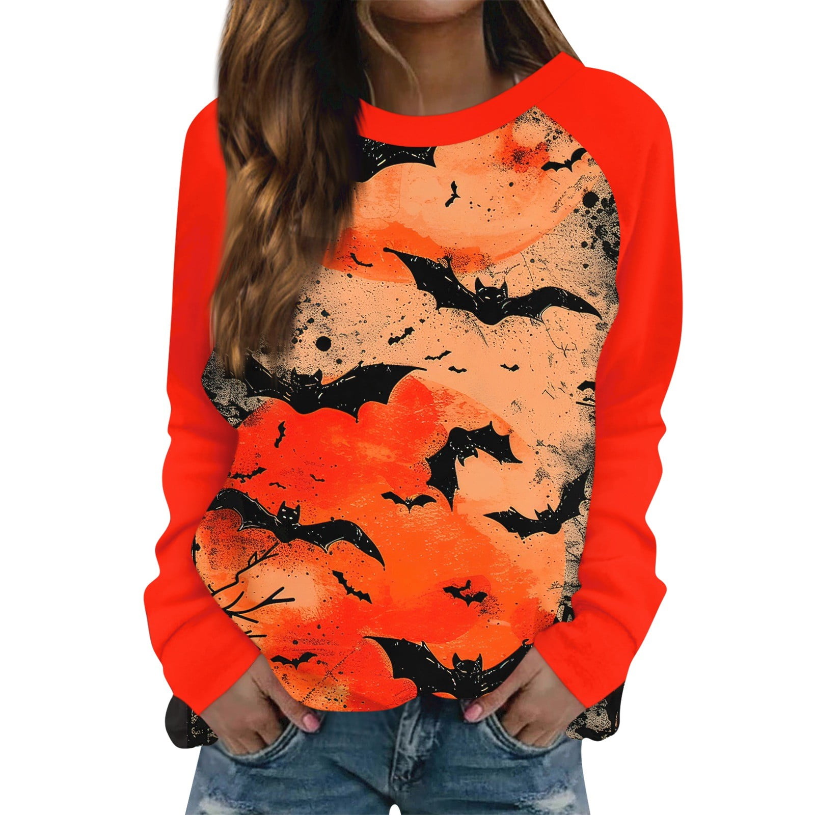 Womens Halloween Costumes 2024 Pumpkin Bats Pattern Pullover Tops Long