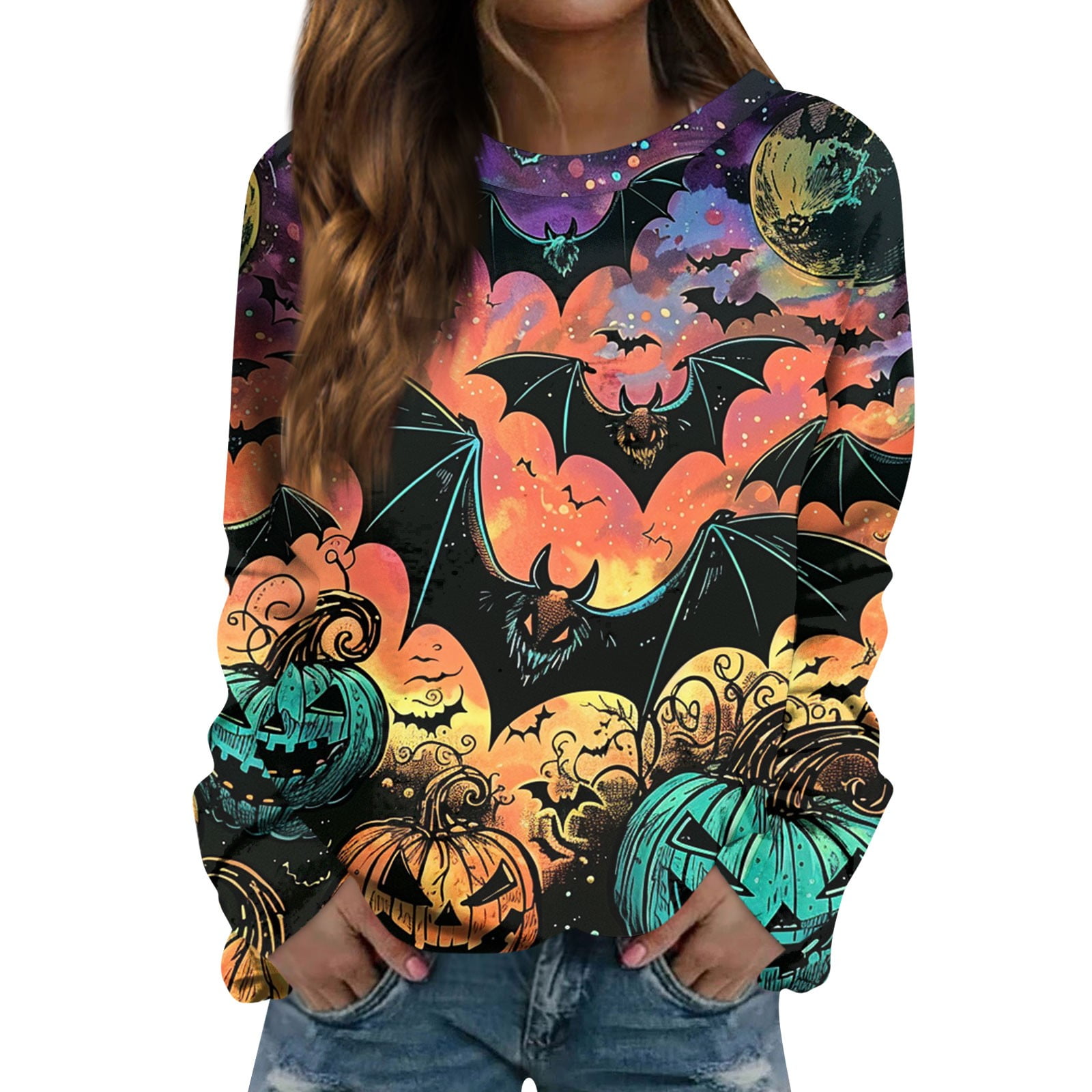 Womens Halloween Costumes 2024 Pumpkin Bats Pattern Pullover Tops Long