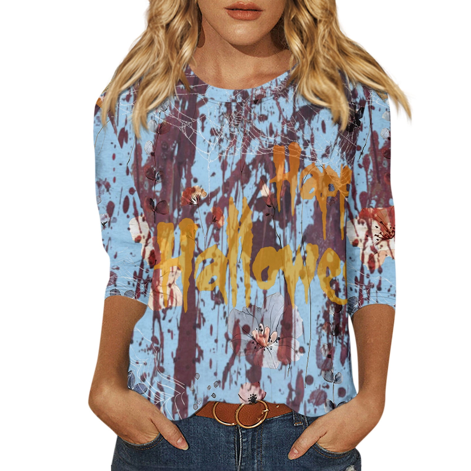 Womens Halloween Costumes 2024 Pumpkin Bats Print Blouse 3/4 Sleeve