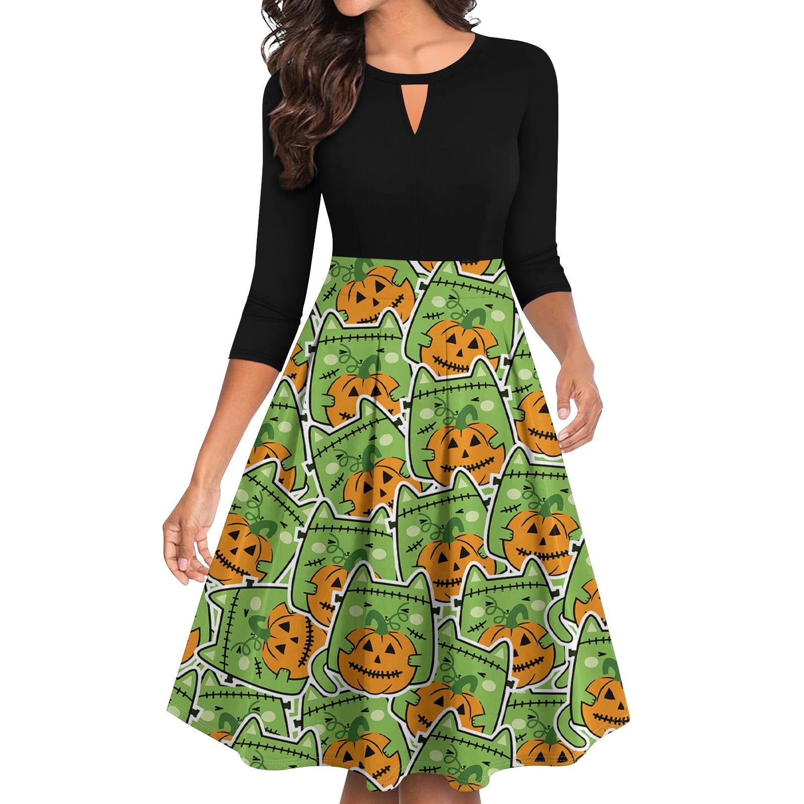 Womens Halloween Costumes 2024 Pumpkin Bats Print Dresses 3/4 Sleeve