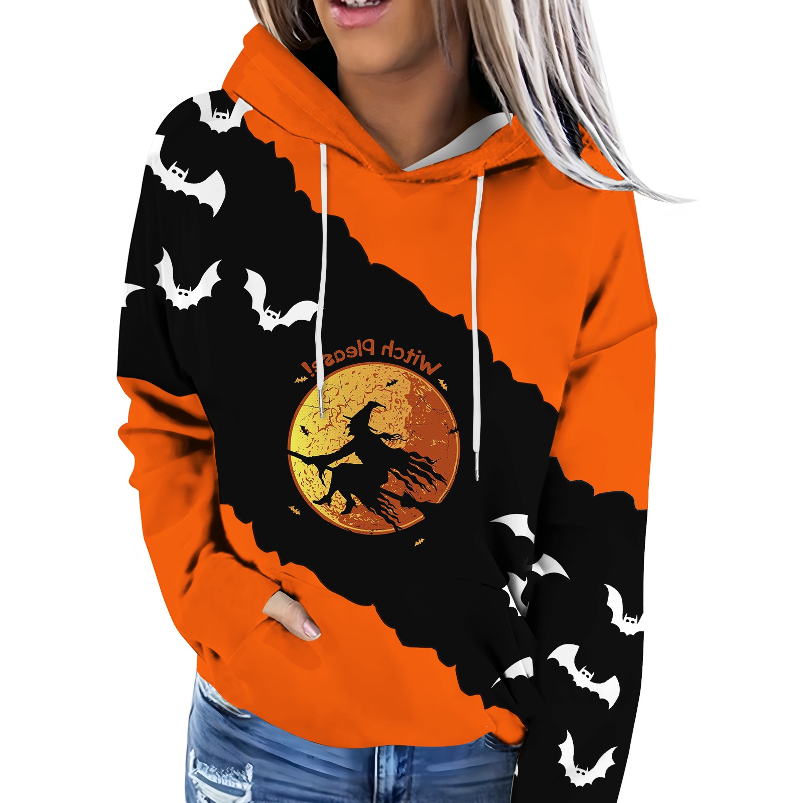 Womens Halloween Costumes 2024 Pumpkin Bats Print Hooded Sweatshirts