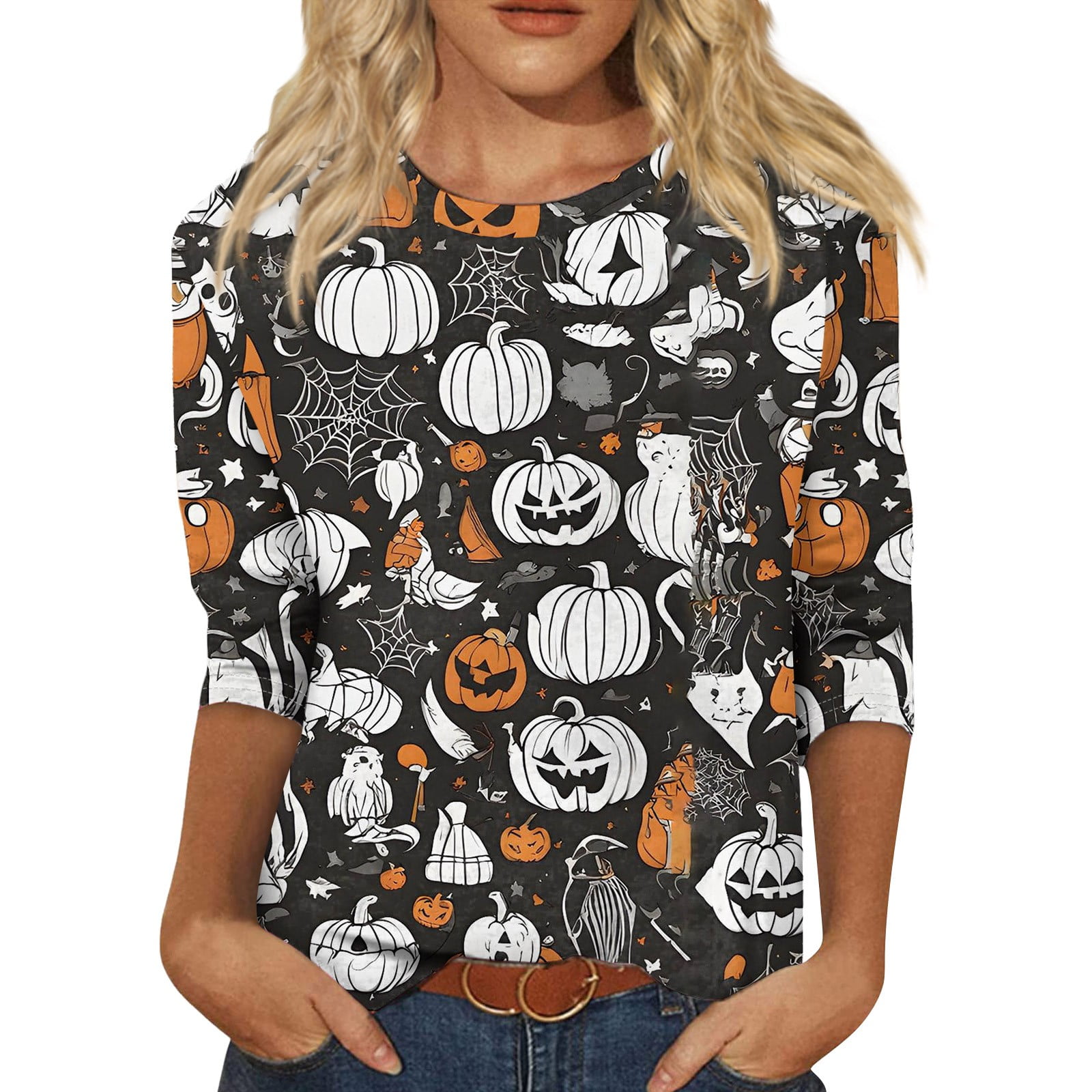 Womens Halloween Costumes 2024 Pumpkin Bats Print TShirts 3/4 Sleeve