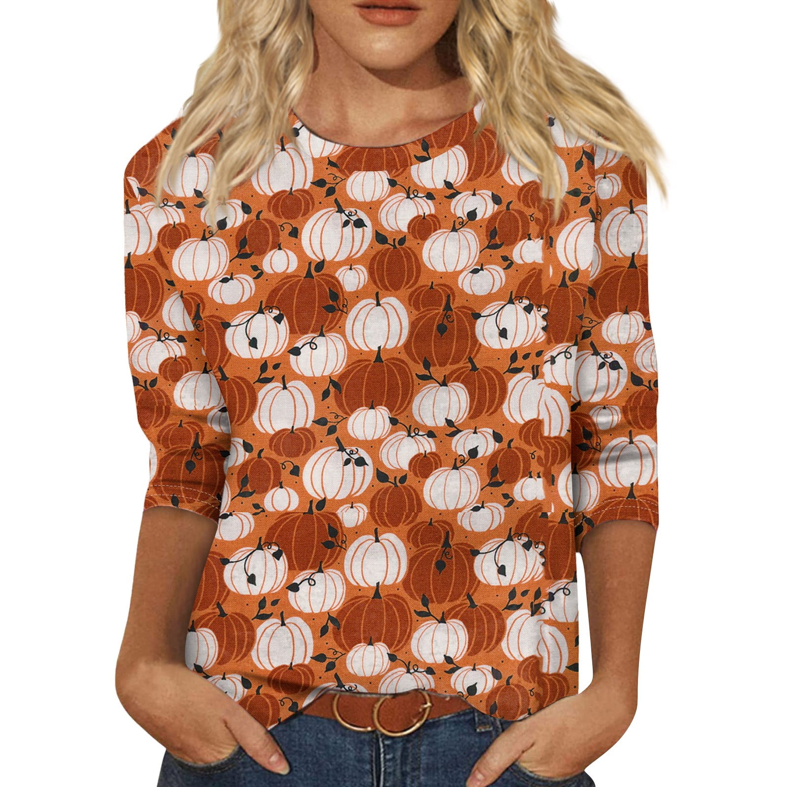 Womens Halloween Costumes 2024 Pumpkin Bats Print Tshirts 3/4 Length