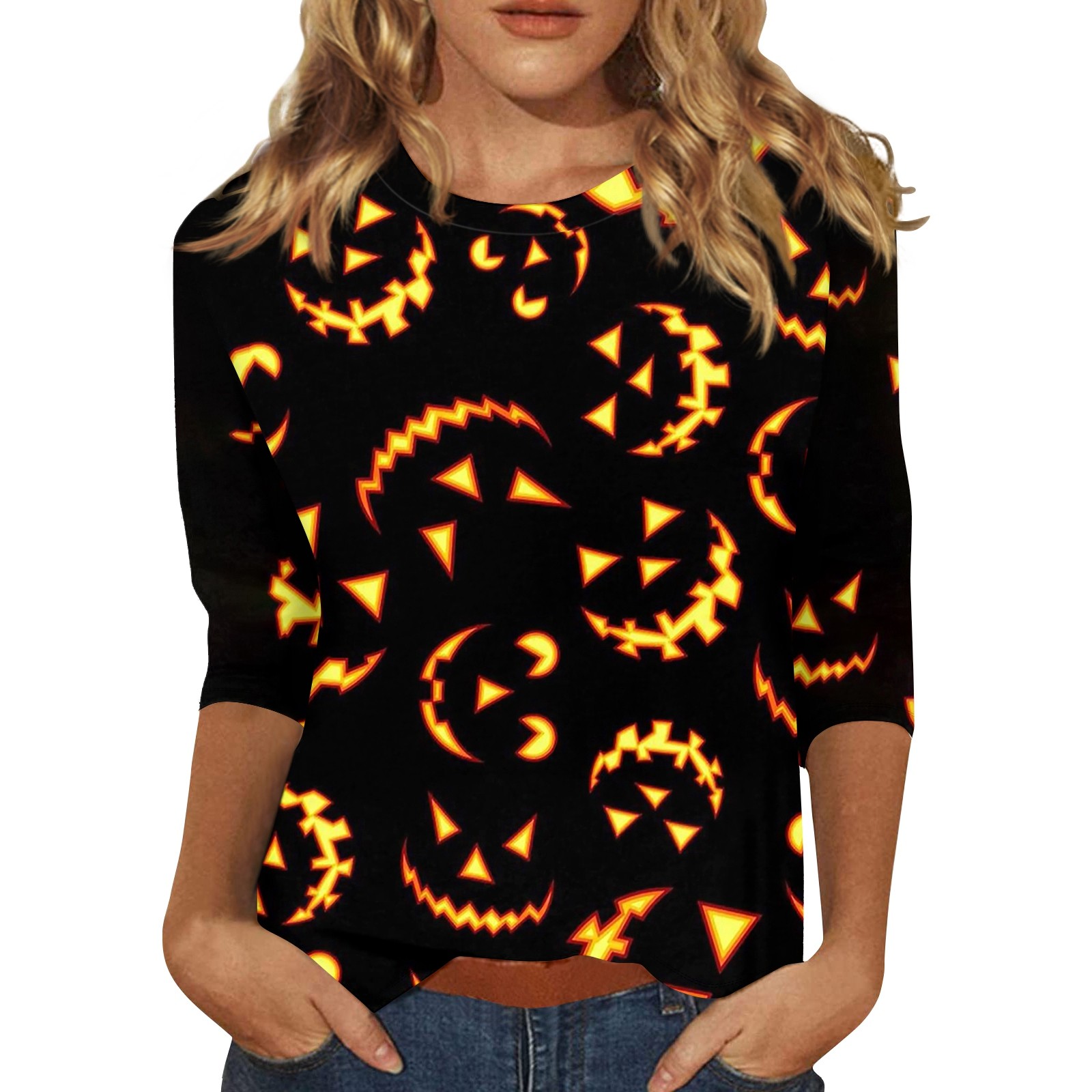 Womens Halloween Costumes 2024 Pumpkin Bats Print Tshirts 3/4 Sleeve