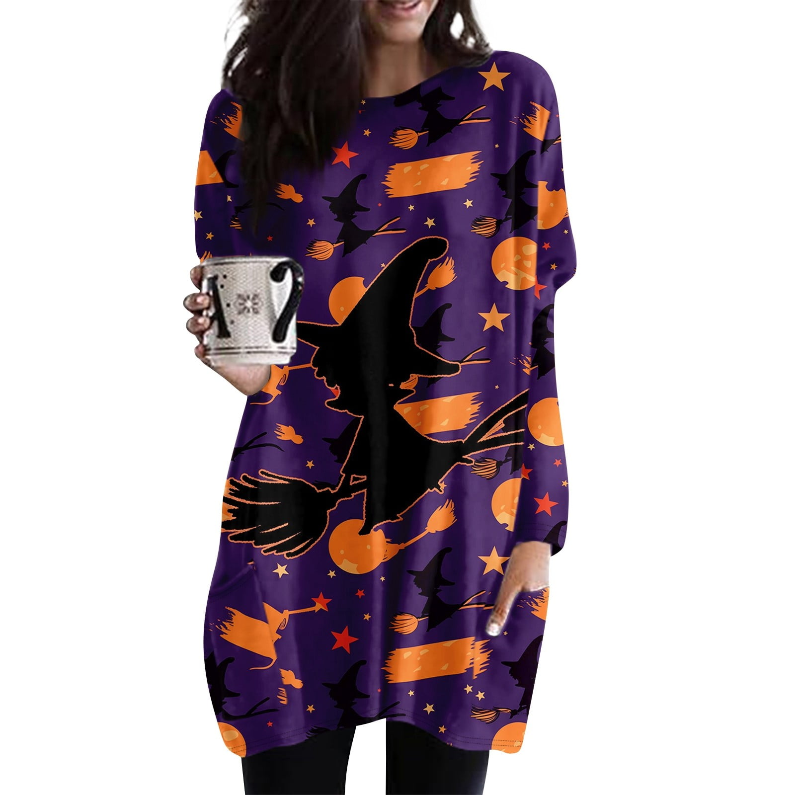 Womens Halloween Costumes 2024 Pumpkin Bats Print Tunic Tops for