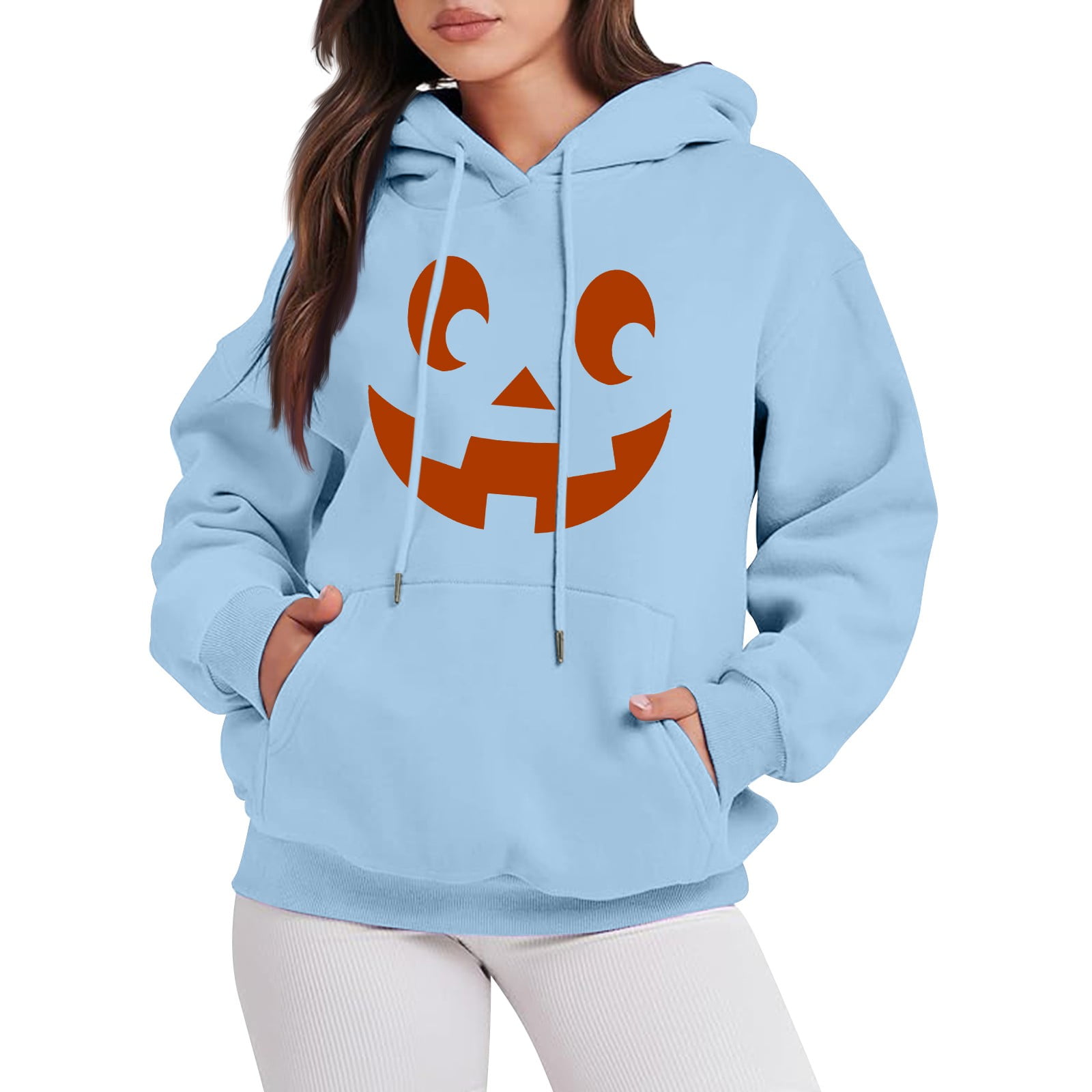 Womens Halloween Costumes 2024 Pumpkin Face Print Shirts Drawstring