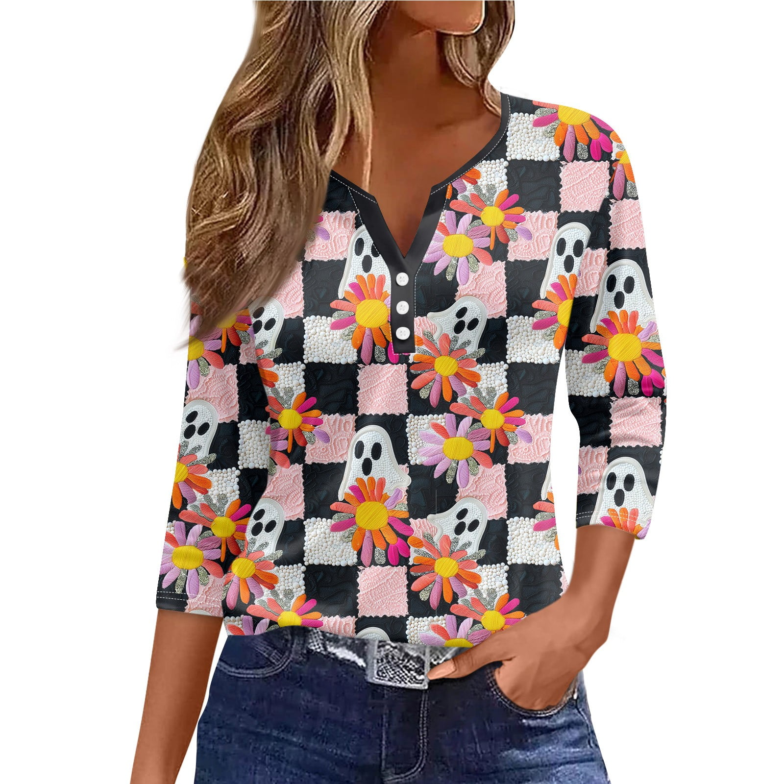 Womens Halloween Costumes 2024 Pumpkin Ghost Print Tunic 3/4 Length