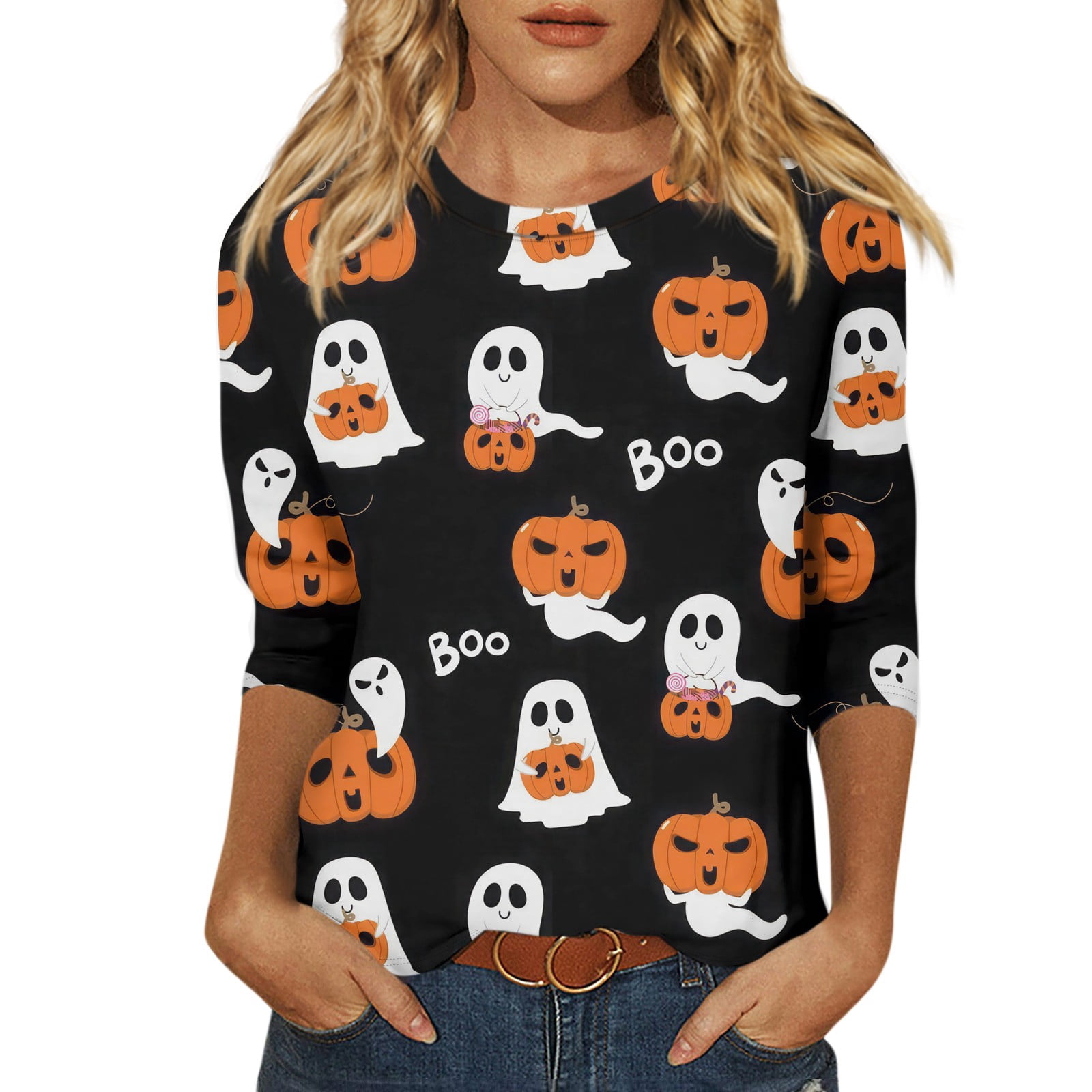 Womens Halloween Costumes 2024 Pumpkin Witch Print Blouse 3/4 Sleeve