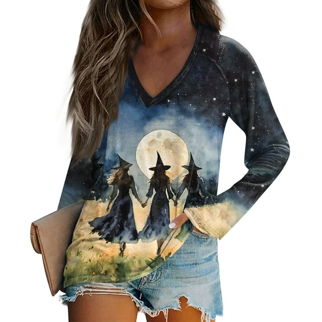 Womens Halloween Costumes 2024 Witch Graphic TShirts Long Sleeve V