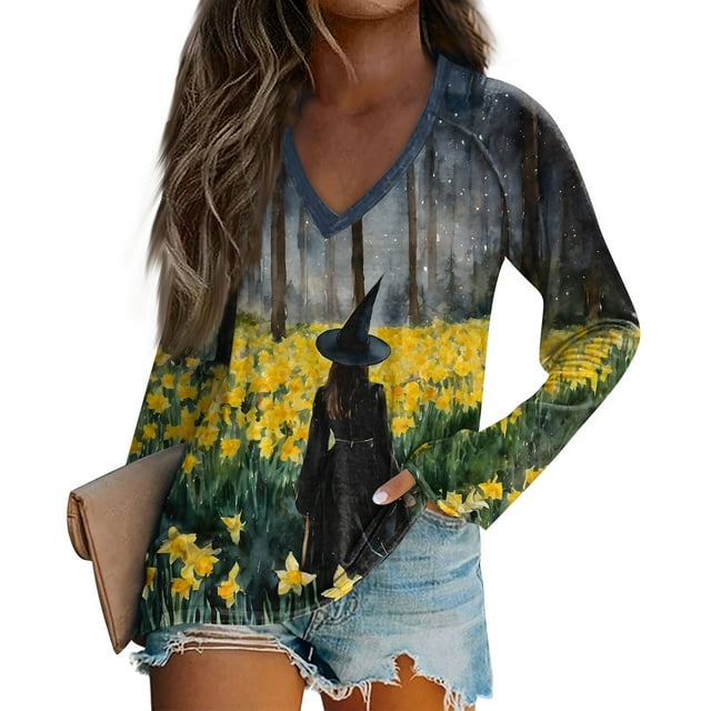 Womens Halloween Costumes 2024 Witch Graphic Tunic Long Sleeve VNeck