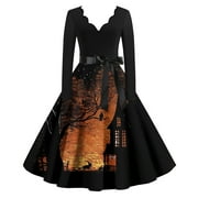 WOSHIMEINV Womens Halloween Costumes 2025,Halloween Witch - Potion Print Dress: Spooky - Festive Design for Costumes, Parties & October Nights 08-Dark Gray L