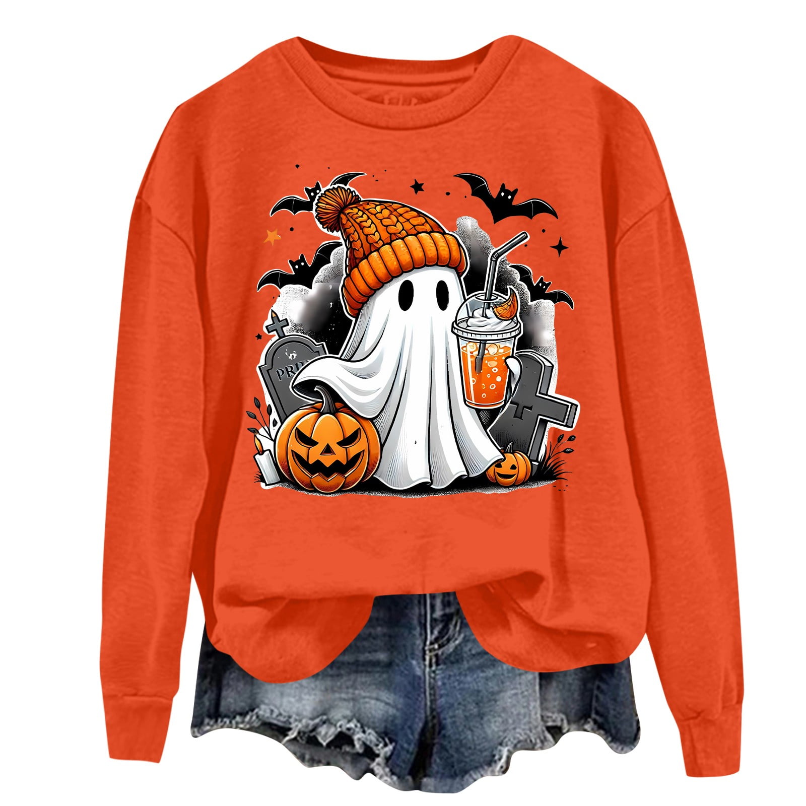 Womens Halloween Costumes Cute Ghost Graphic Pullover Sweaters Long