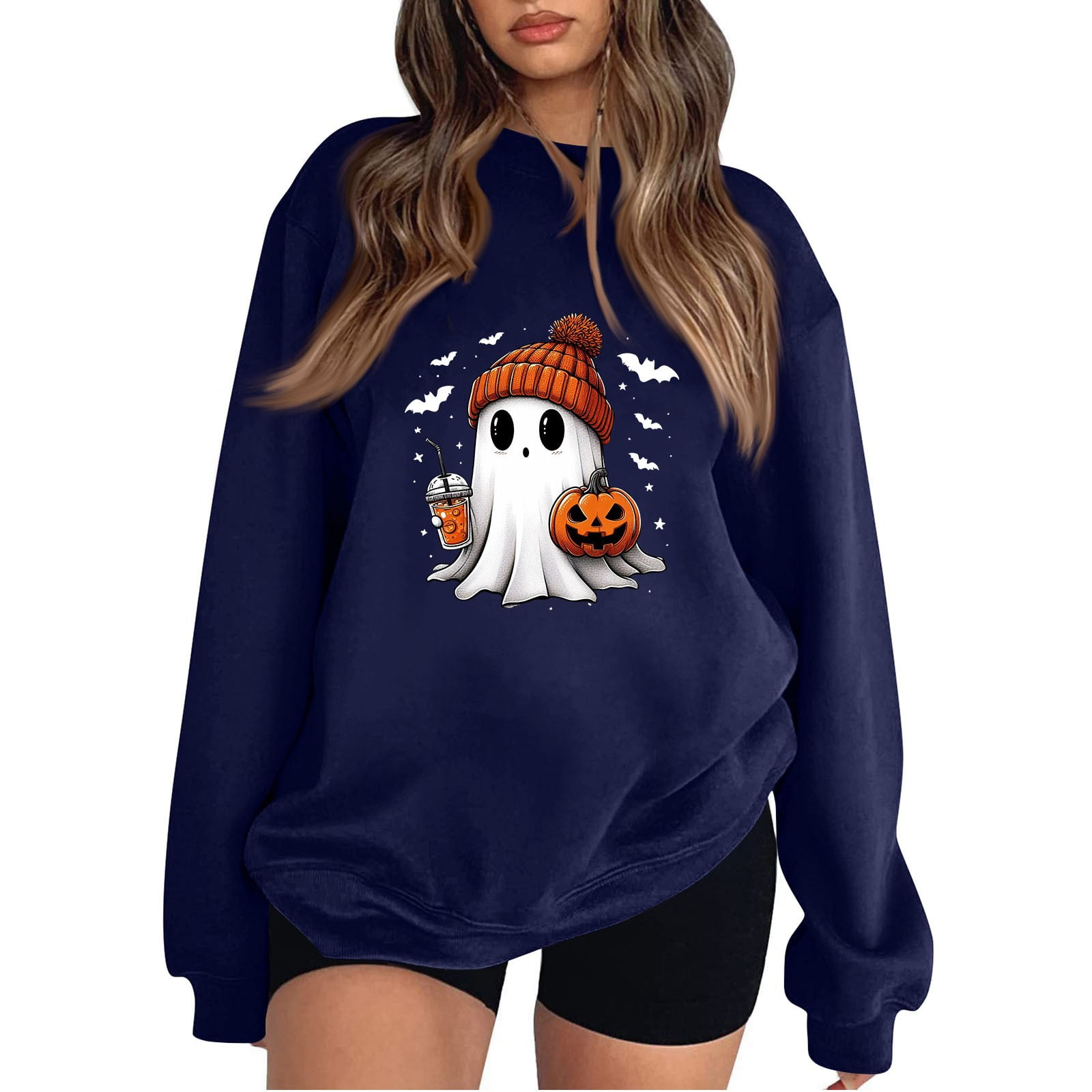 Womens Halloween Costumes Cute Ghost Graphic Pullover Sweaters Long