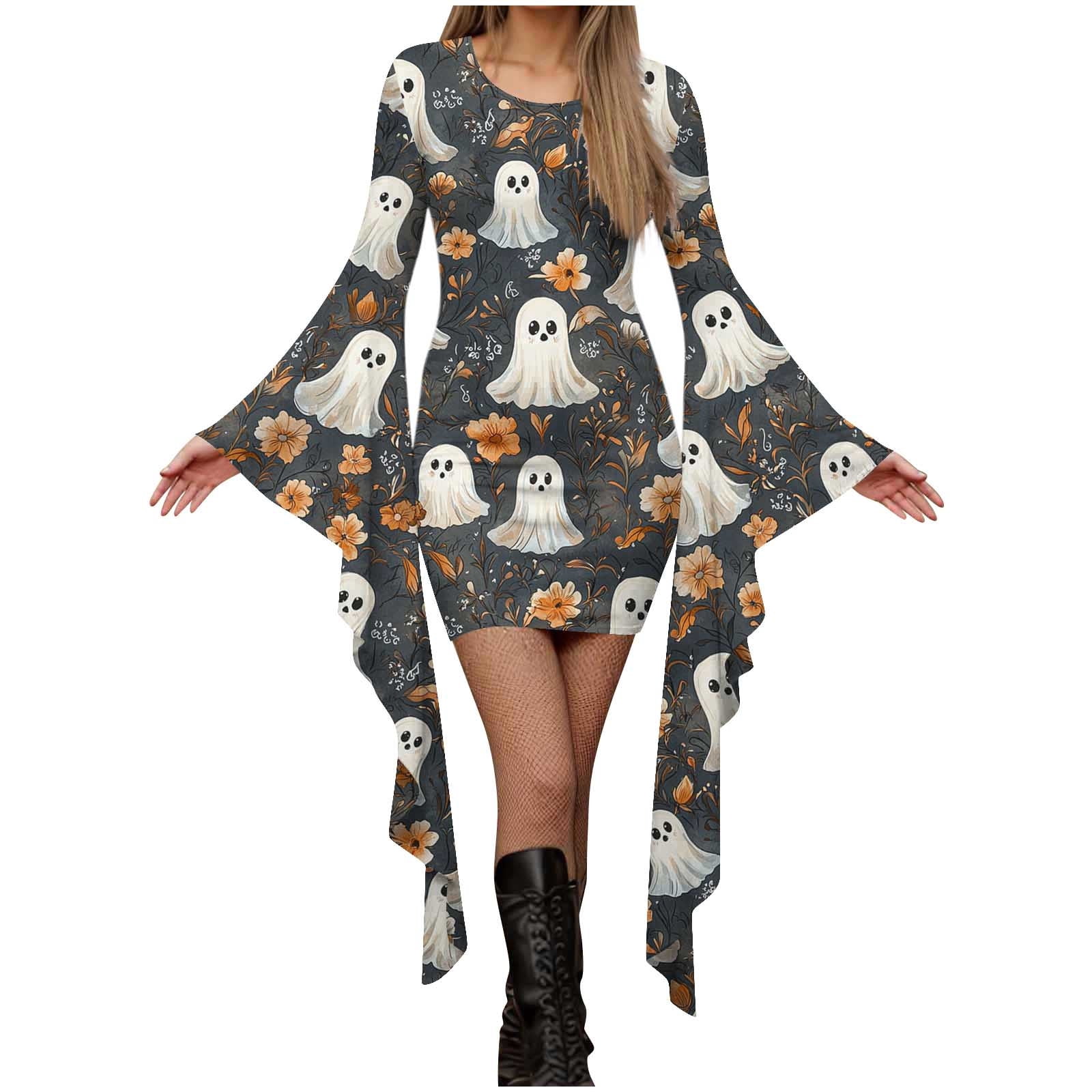 Womens Halloween Costumes Ghost Printed Bodycon Mini Dress Batwing Sleeve Crew Neck Masquerade Dresses Scream Costume