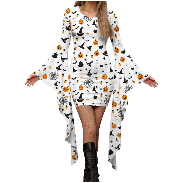 BZGTZT Womens Halloween Costumes Ghost Printed Bodycon Mini Dress Batwing Sleeve Crew Neck Masquerade Dresses Scream Costume, Women's, Size: XL, Black