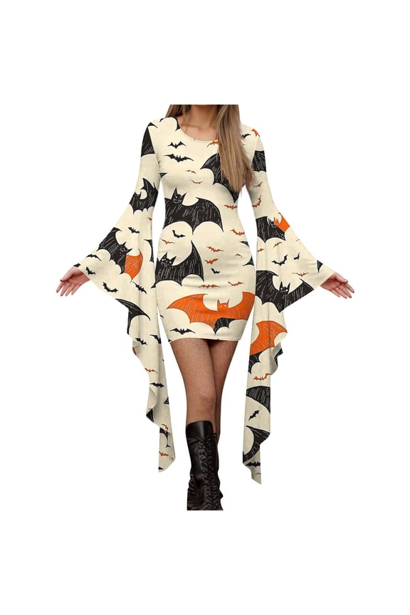 Womens Halloween Costumes Ghost Printed Bodycon Mini Dress Batwing Sleeve Crew Neck Masquerade Dresses Scream Costume