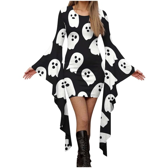 Womens Halloween Costumes Ghost Printed Bodycon Mini Dress Batwing Sleeve Crew Neck Masquerade Dresses Scream Costume