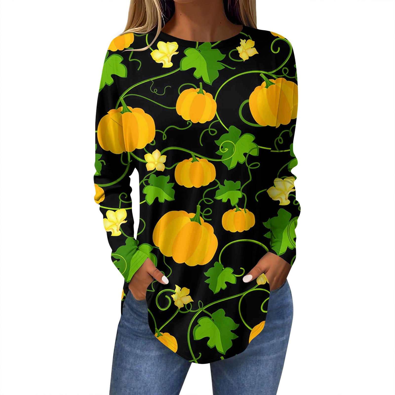 Womens Halloween Costumes Pumpkin Bats Graphic Tshirts Long Sleeve