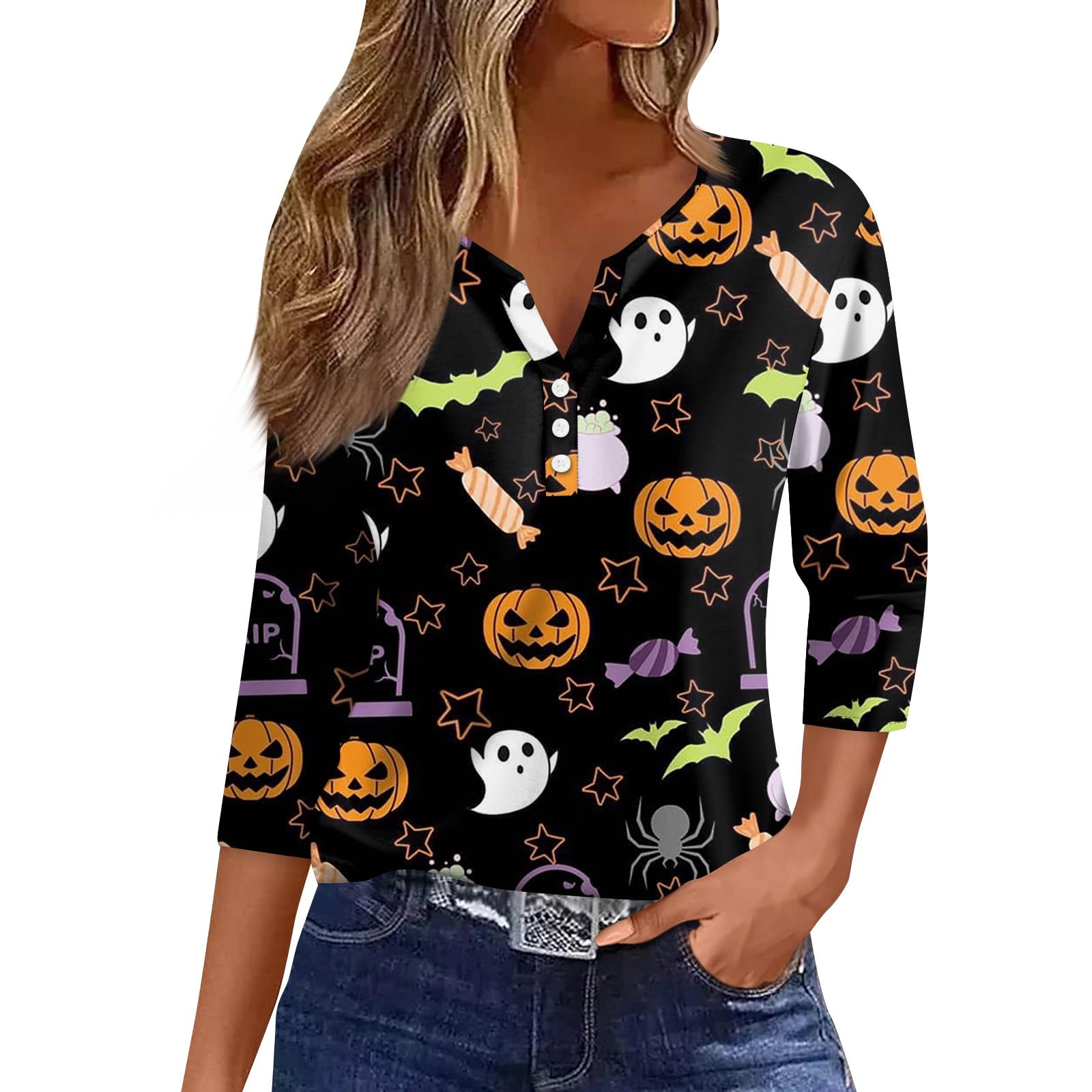 Womens Halloween Costumes Pumpkin Bats Graphic Tunic 3/4 Length Sleeve