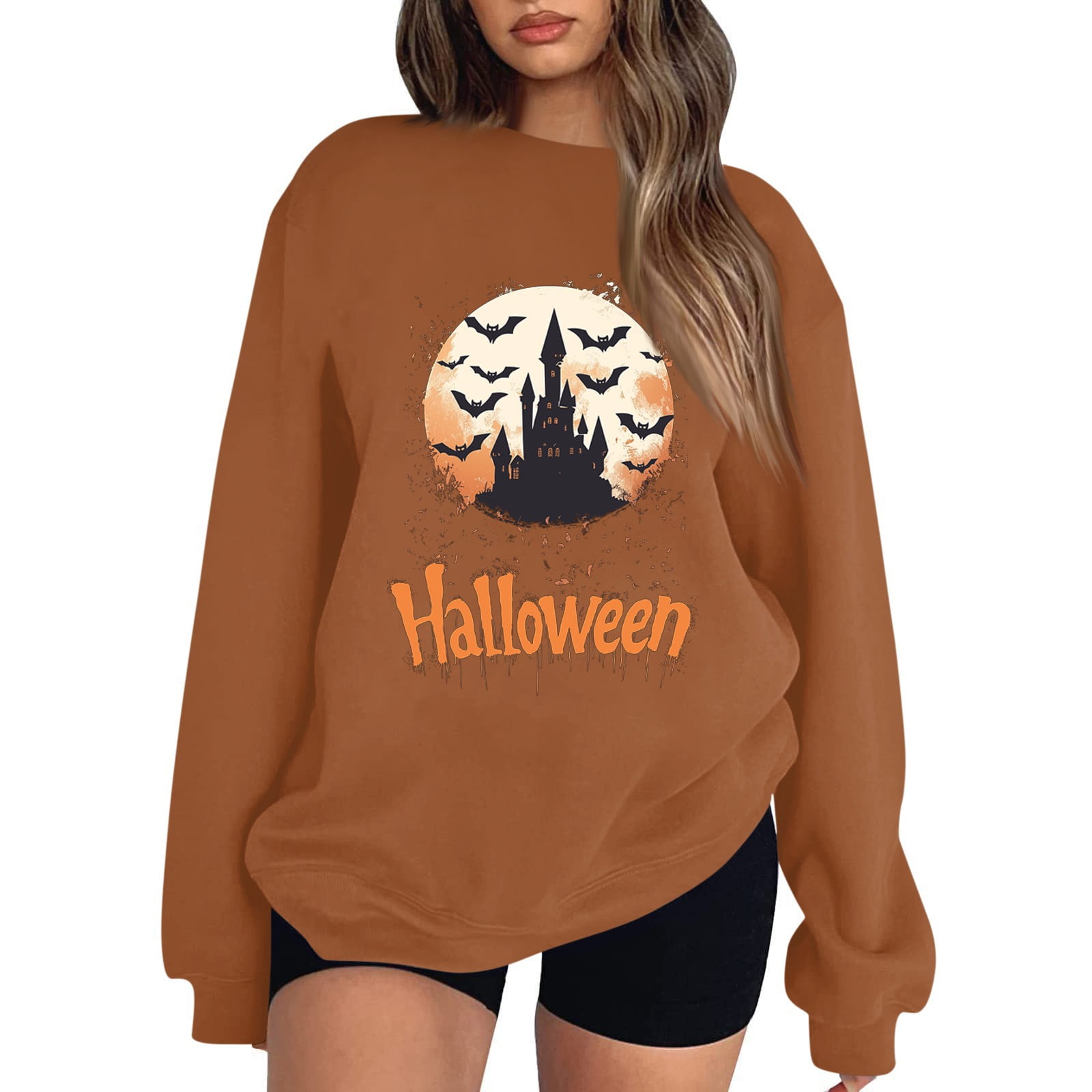 Womens Halloween Costumes Pumpkin Bats Print Pullover Sweaters Long
