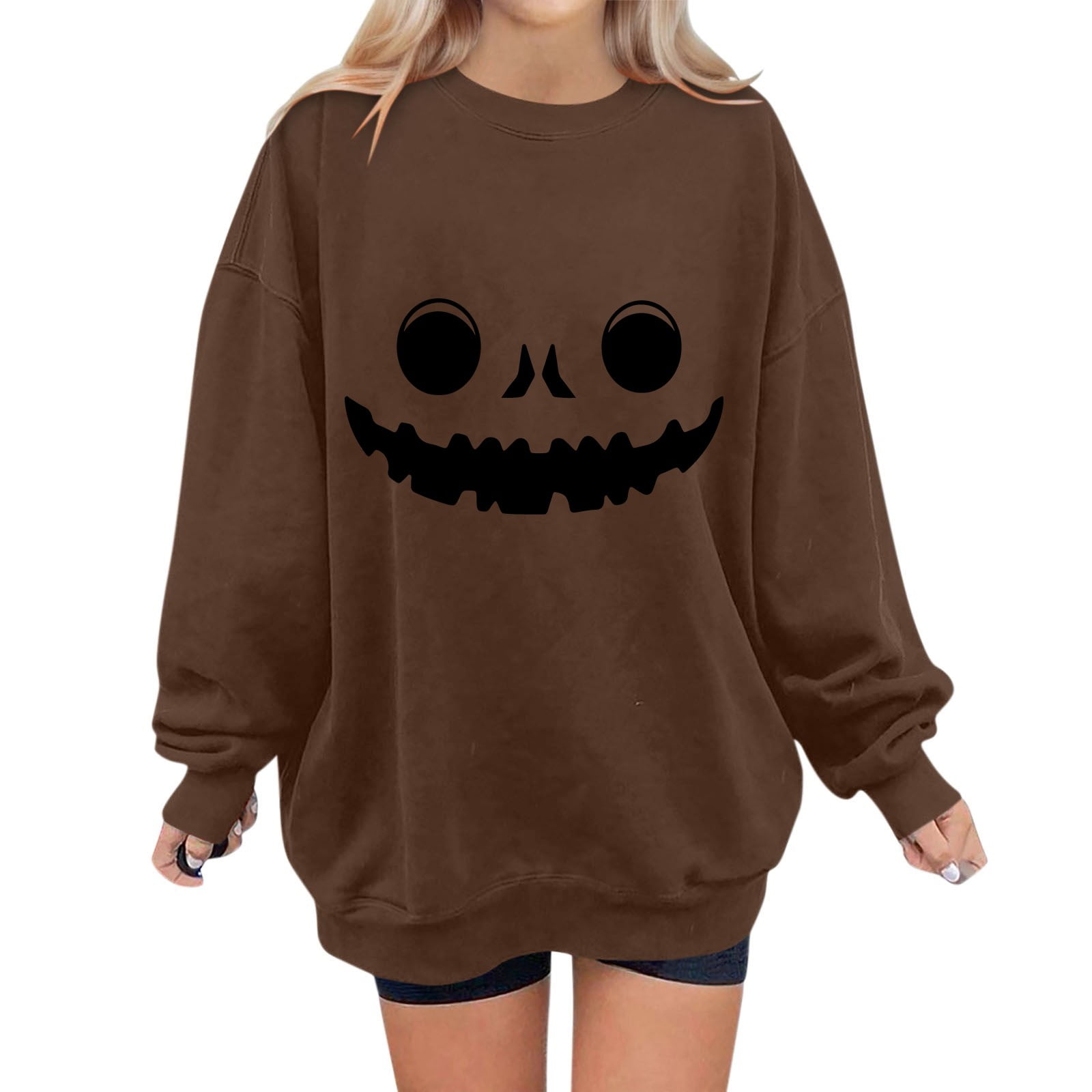 Womens Halloween Costumes Pumpkin Face Print Oversized Pullover Tops