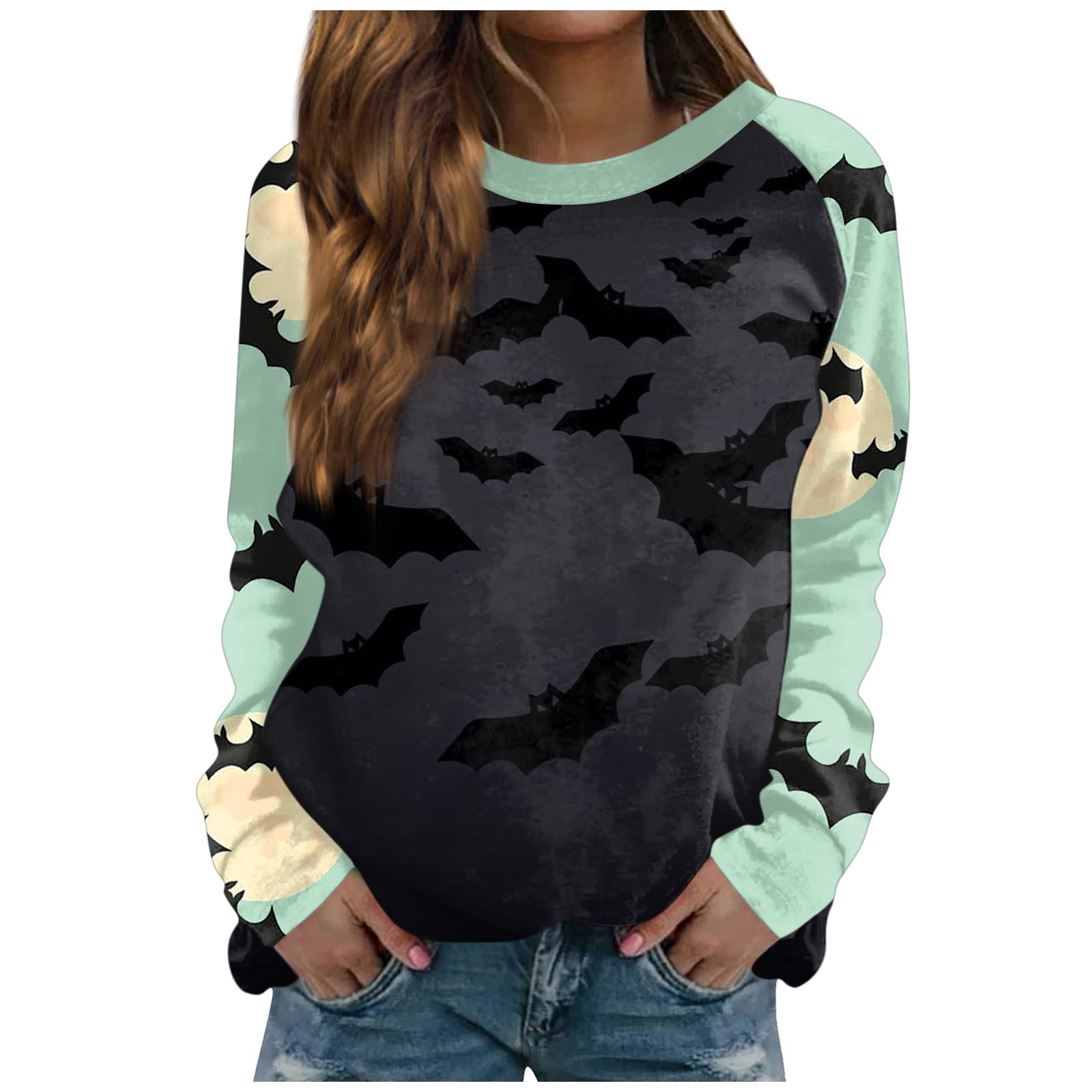 Womens Halloween Costumes Pumpkin Ghost Pattern Pullover Tops Long
