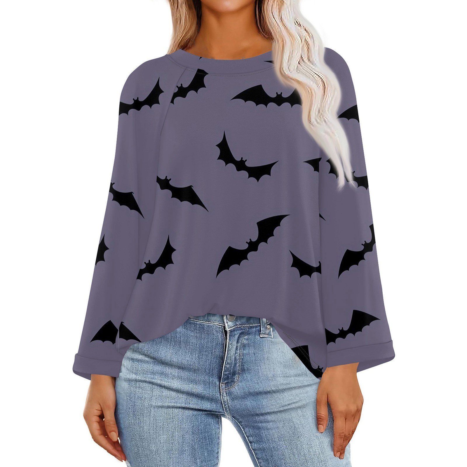Womens Halloween Costumes Pumpkin Ghost Print Blouses Roll Up Sleeve
