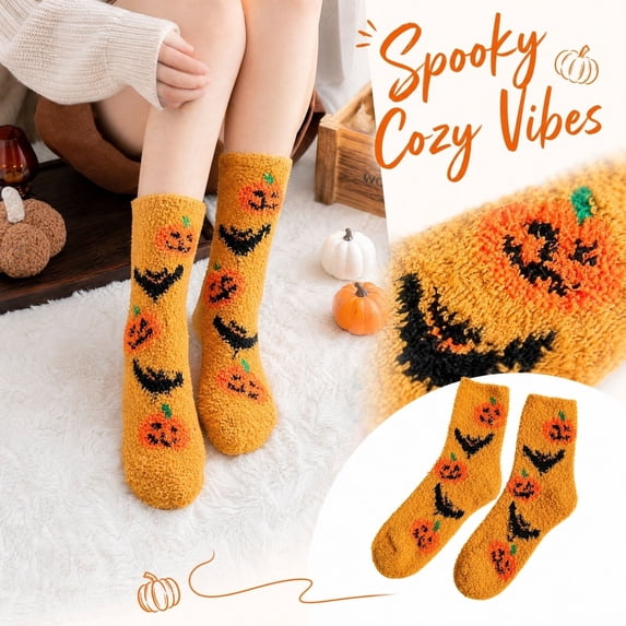Womens Halloween Crew Socks Thick Warm Mid Calf Socks Pumpkin Ghost Bat Moon Print Novelty Fall Winter Cozy Casual Socks